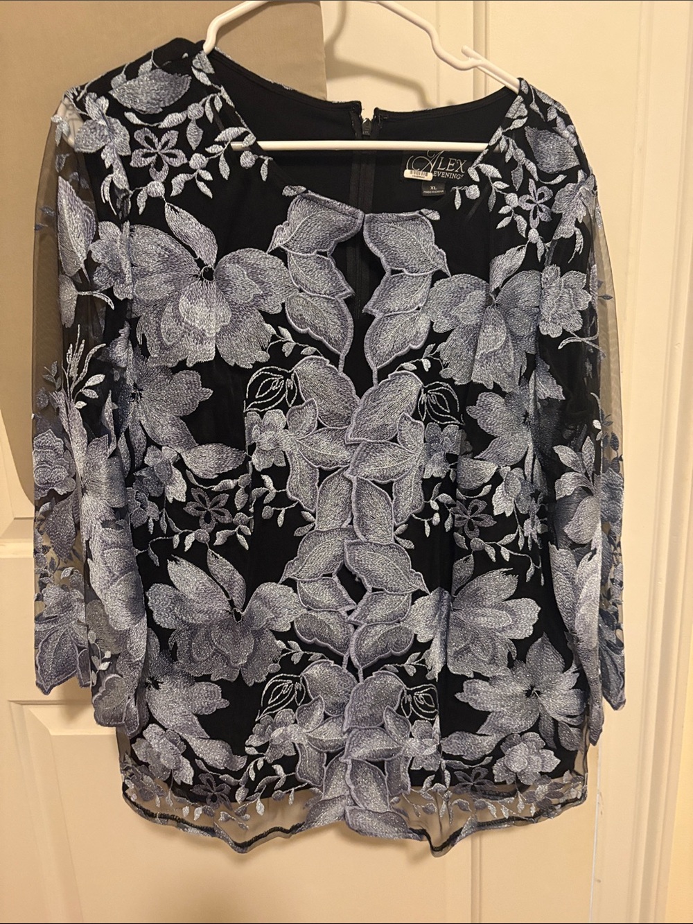 Alex Evenings Black Blouse with Silver Floral Embroidery